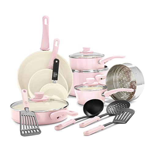 GreenLife Soft Grip Healthy Ceramic Nonstick 16 Piece Kitchen Cookware Pots and Pans Set, Includes Frying Pan Skillets Sauce and Casserole, PFAS-Free, Dishwasher Safe, Pink - Pink - 16 Piece Cookware Set