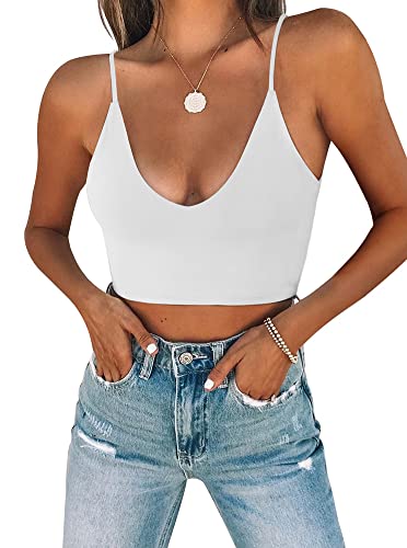 REORIA Women's Sexy Scoop Neck Adjustable Spaghetti Strap Double Lined Seamless Camisole Tank Yoga Crop Tops - Large - White