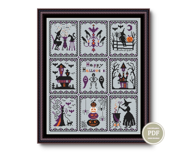 Cross Stitch Pattern Spooky Halloween Sampler Spooky Bats Witches PDF File Instant Download
