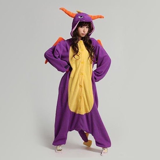 KIMU Onesie draak paars pak kostuum - maat XS-S - drakenpak huispak draakje dino dinosaurus