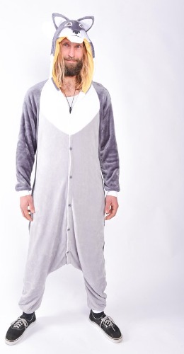 KIMU Onesie wolf pak husky kostuum grijs - maat S-M - hond wolvenpak jumpsuit huispak