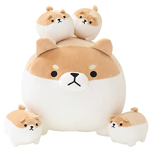 SQEQE Stuffed Animal Shiba Inu Plush Toy with 4 Baby Shiba Inu Plushies in her Tummy, Stuffed Cotton Plush Animal Toy Gift for Kids - Shiba Inu