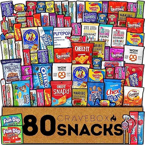CRAVEBOX Snack and Candy Box (80 Count) Variety Pack Bundle Assortment Gift Basket Adults Kids Care Package Boyfriend Birthday Office College Gourmet Teen Boys Men Bouquets Students Food Easter Final Exams