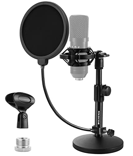 BILIONE Upgraded Desktop Microphone Stand, Adjustable Mic Stand Desk with Pop Filter, Shock Mount, Microphone Clip, 5/8" to 3/8" Metal Screw Adapter