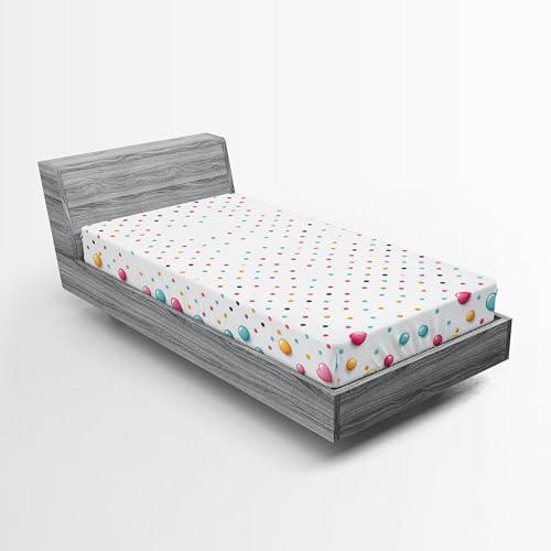 Ambesonne Polka Dots Fitted Sheet, Art Classic Party Concept Spots and Hearts Pattern on Plain Background, Bed Cover with All-Round Elastic Deep Pocket for Comfort, Twin Size, White Turquoise Pink - Twin - White Turquoise Pink