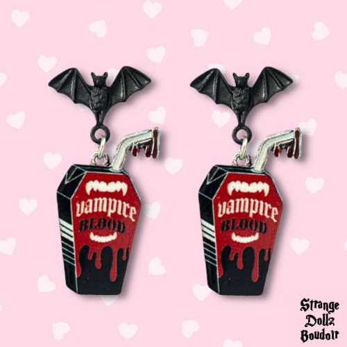 Vampire Blood earrings, Bat earrings, gothic jewellery, Halloween, Strange Dollz Boudoir