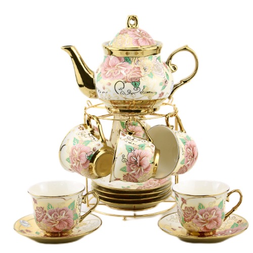 20 Pieces Porcelain Tea Set With Metal Holder, European Ceramic tea set for adults,Flower Tea Set,Tea Set For Women With Flower Painting (Large version, Cream) - Large version Cream