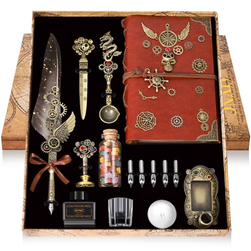 AIYNC Feather Pen Ink Set, Quill Pen Ink Set With Quill Pen, Notebook, 5 Replaceable Nibs, Seal Stamp, Spoon, Wax Beads, White Wax, Ink, Pen Holder, Cup, Envelope, Letter Paper, Envelope Tool(grey) - Grey