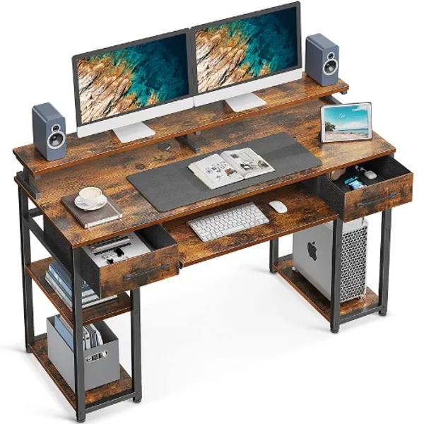 ODK 48" Computer Desk with Drawers, Office Desk with Keyboard Tray and Monitor Shelf, Writing Desk, Study Table with CPU Stand & Storage Shelves, Vintage - Vintage 48 inch