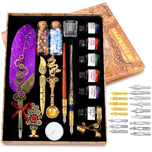 Quill Pen Ink Set,Includes Quill Pen, Glass Dipping Pen, Wooden Dipping Pen, 6 Bottles of Ink, 8 Sheets of Writing Paper, Envelope, Wax Granules, Round Wax, Seal, Spoon, Pen Holder（purple） - Purple