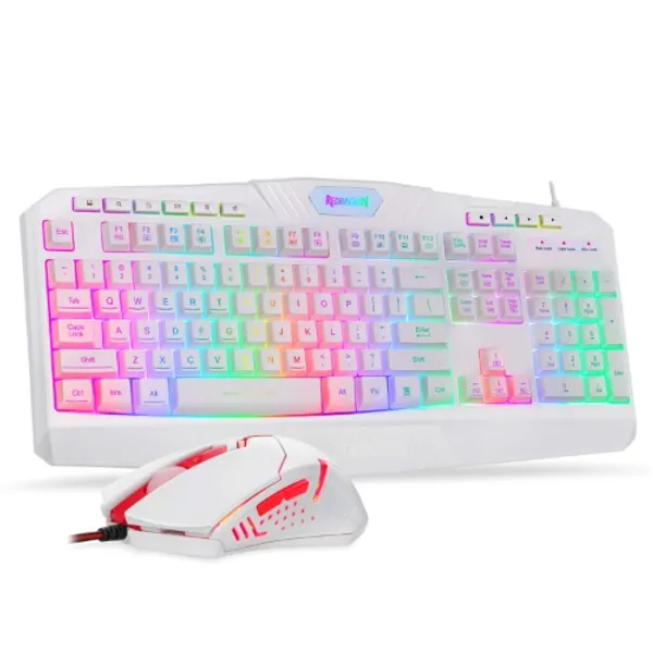 Redragon S101 Wired Gaming Keyboard and Mouse Combo RGB Backlit Gaming Keyboard with Multimedia Keys Wrist Rest and Red Backlit Gaming Mouse 3200 DPI for Windows PC Gamers (White) - White