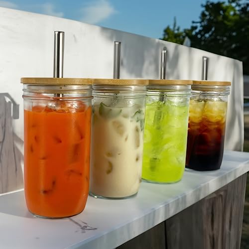Helpful Home 4 Pack Wide Mason Jar Cups with Lids Silver Straws Reusable 24 OZ Mason Jars Set with GlassTumbler for Jam,Juices, Honey, Cocktail, DIY Spice Jars