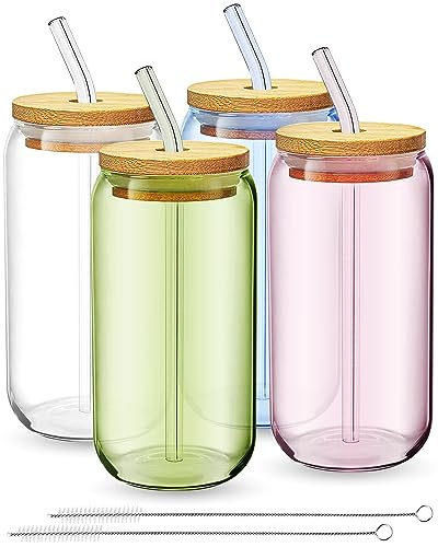 4 Glass Cups With Bamboo Lids and Straws - Goblet Glasses Drinking Set, Glass Coffee Cups, Glass Tumbler With Lid And Straw, Glass Tumbler, Iced Coffee Cups, Glass Coffee Cups With Lids And Straws