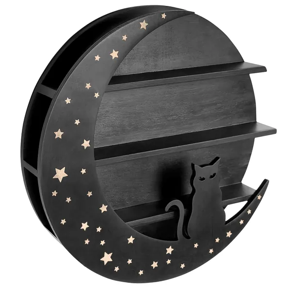 HopSkip Black Cat Moon Shelf for Crystals and Essential Oils - 15.75” x 2.76” Durable Pine Floating Shelves - Beautiful Delicate Laser Engraved Star Design – Cat-Shaped Hippie Décor - 2. Cat Moon - Black