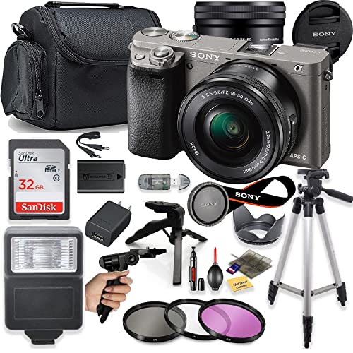 Sony a6000 Mirrorless Camera (Graphite) with 16-50mm OSS Lens + Deluxe Bundle Including Sandisk 32GB Card, Case, Flash, Grip Tripod, 50" Tripod, and More