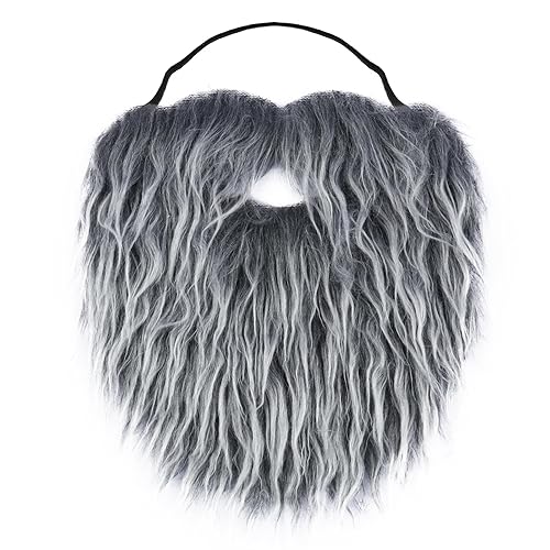 Yan Dream Men Fake Beard with Elastic Band Easy Wear Fake Mustache Adult Facial Hair Accessory for Cosplay Party - Grey