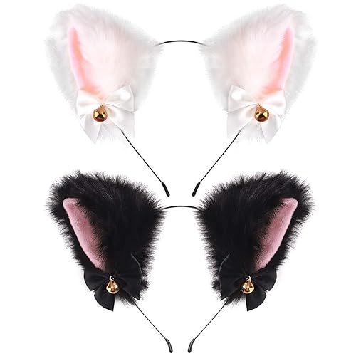 Cat Ears Headband Cosplay Girl Plush Furry Neko Ears Cosplay Costume Party Headbands for Women Girls Kids - 2pcs (Black+white)