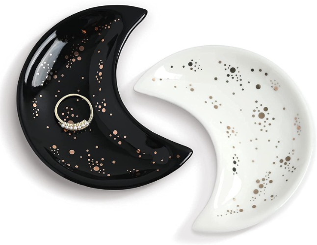 Small Moon Jewelry Dish Tray, Decorative Ceramic Trinket Dish, Modern Accent Tray for Vanity（Black and White ）
