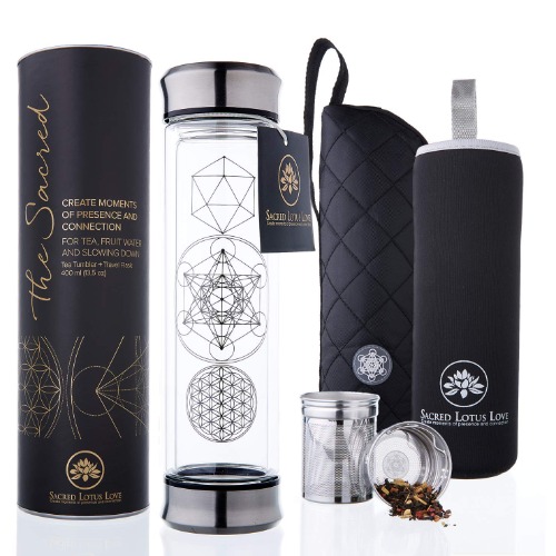 The Sacred Glass Tumbler with Infuser + Strainer for Loose Leaf or Ice Tea. Cold Brew Coffee Mug or Fruit Water Travel Bottle. 14oz. Free Sleeve. Beautifully Packaged.