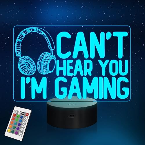 Can't Hear You I'm Gaming Night Light, Headset Graphic Video Games Gamer Gift Funny 3D Illusion Lamp 16 Colors Changing Touch & Remote Control for Men Teenagers Boy Kids - Multicolor