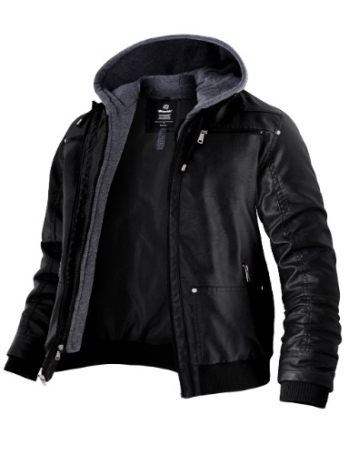 Wantdo Men's Leather Jacket with Removable Hood - XX-Large Black(moderate)