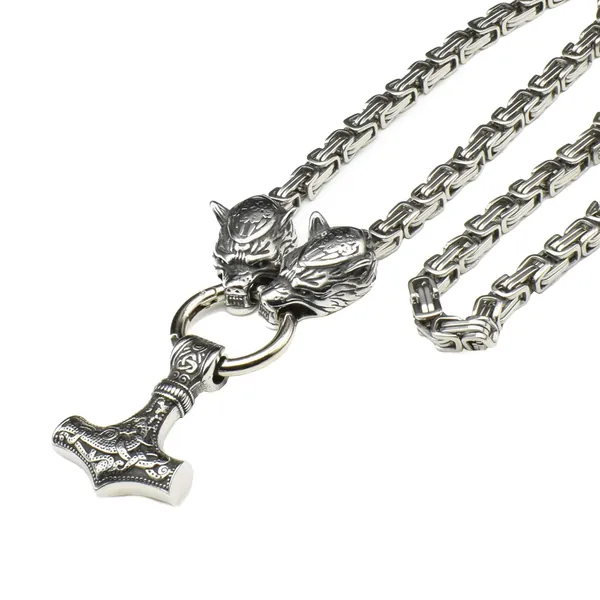Viking Necklace for Men Mjolnir Necklace Thors Hammer Pendant Stainless Steel Wolf Head King Chain Norse Jewelry Pagan Viking Accessories