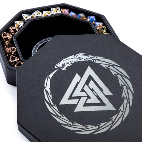 DND Dice Tray - Premium 8 Inch Dice Tray Dungeons and Dragons - Beautiful Silver Valknut and Dragon Design - Perfect RPG Dice Rolling Tray with D&D Dice Box Storage to Protect Dice - Silver Valknut Dragon