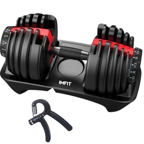 IMFit 5lb-52.5lb Adjustable Dumbbell with Free Hand Grip- Weight adjusts from 5 to 52.5 lbs. 15 Adjustable Weight Settings, Space Efficient Compact design, Easily Switch Exercises.
