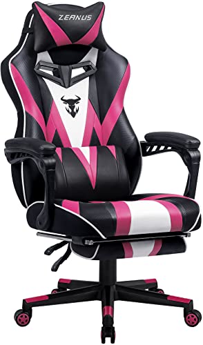 Zeanus Gaming Chair with Footrest Light Pink Gamer Chair for Girls Reclining Computer Chair with Massage High Back Desk Chair for Heavy People Game Chair Big and Tall PC Gaming Chair for Adult (Rose) - Black/Rose