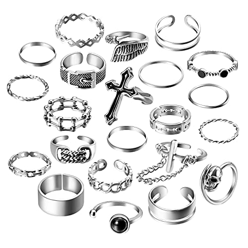 PANTIDE Vintage Punk Rings Set Gothic Knuckle Midi Rings Adjustable Alloy Chain Belt Cross Stackable Finger Half Open Rings Fashion Joint Jewelry for Women Men (Silver) 22Pcs