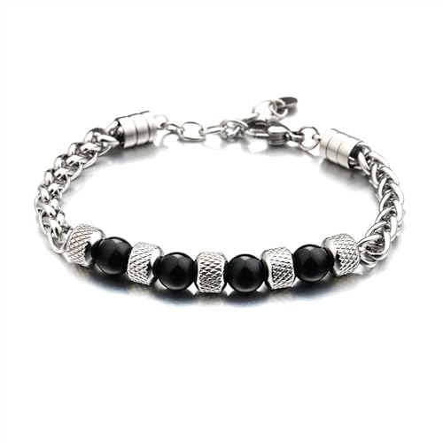 RANKEEF Mens Beaded Bracelets Stainless Steel Bracelet for Men Natural Stone Beaded Bracelet 8MM Beaded Bracelets Mens Wrist Bracelet Men Bead Bracelet Jewellry Gifts for Dad Mens - Black