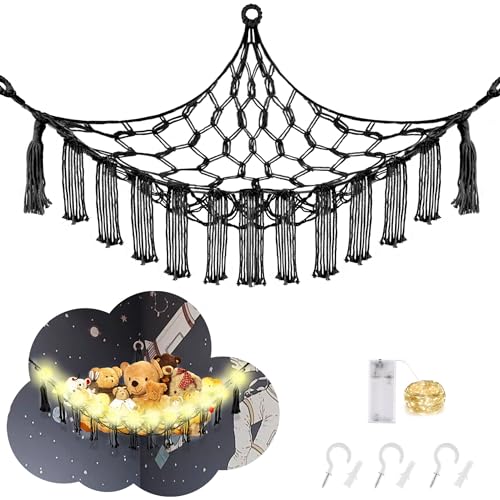CERETIA Stuffed Animal Hammock with LED Light, Toy Hammock for Stuffed Animals Storage for Kids Room Decor, Stuffed Animal Hammock Corner, Black - Large-(Package of 1) - Black