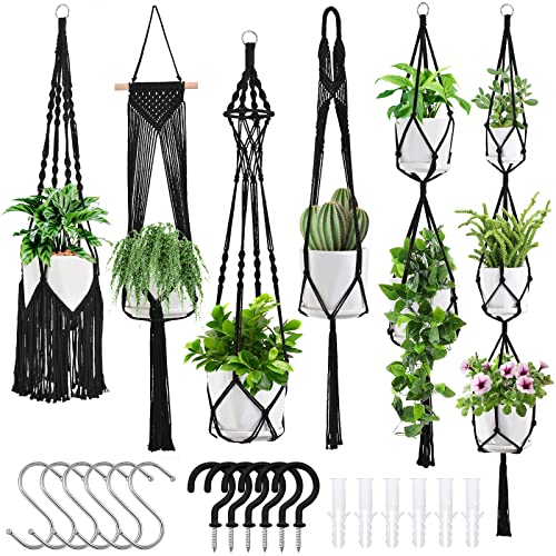 SFENNGPET Macrame Plant Hangers, 6Pack Hanging Planters for Indoor Plants w/ 6 Set Hangers Kit Handmade Macromay Plant Hangers Indoor Flower Pots Holder Stand for Boho Home Décor - 6pack Black