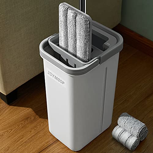 JOYMOOP Mop and Bucket with Wringer Set, Hands Free Flat Floor Mop and Bucket, with 3 Washable Microfiber Pads, Wet and Dry Use, Floor Cleaning System - 50" microfiber mop and bucket set Middle-3pads