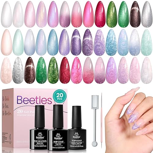 Beetles Pearl Gel Nail Polish Set - 20 Colors Cat Eye Glitter Pink Red Nail Polish Mermaid Gel Swirl Thread Effect Soak Off Uv Led White Blue Shell Thread Drawing Gel Polish DIY Manicure Art Gift - 20-Pearl Cat Eye Gel Nail