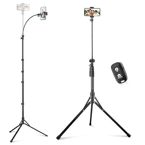 Sensyne 92" Cell Phone Tripod, Selfie Stick Tripod with 16.5" Flexible Gooseneck, Overhead Phone Stand for Video Recording, Photography, Compatible with Phone, Camera - 92-inch - Black