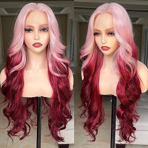 FABÉLLE Pink Wig Lace Front Wigs 30 Inch Glueless Wig Body Wave for Women Pre Plucked with Baby Hair Gradient Pink Color Synthetic Wig - 30 Inch - Valentine