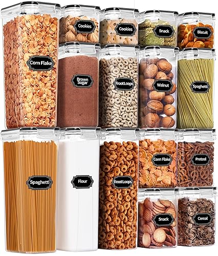 PRAKI Airtight Food Storage Containers Set, 16 Pcs BPA Free Plastic Dry Food Canisters for Kitchen Pantry Organization and Storage Ideal for Cereal, Flour & Sugar - Labels, Marker(Black) - Black