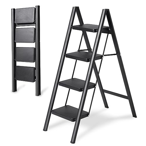 4 Step Ladder Folding Step Stool, Heavy Duty 330 Lbs Load Step Ladders for Home, Tall Kitchen/Closet Stepladder for Adults, Black Small & Lightweight Ladder with Anti-Slip Wide Pedals by OOSOFITT - 4 Step Ladder