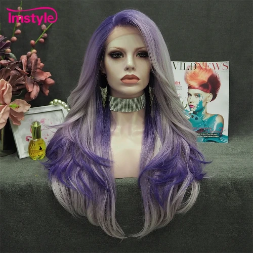 60.0US $ 50% OFF|Imstyle Ombre Purple Grey Wig Straight Synthetic Lace Front Wig Two Tone Heat Resistant Fiber Cosplay Wigs For Women Party Wigs| |   - AliExpress