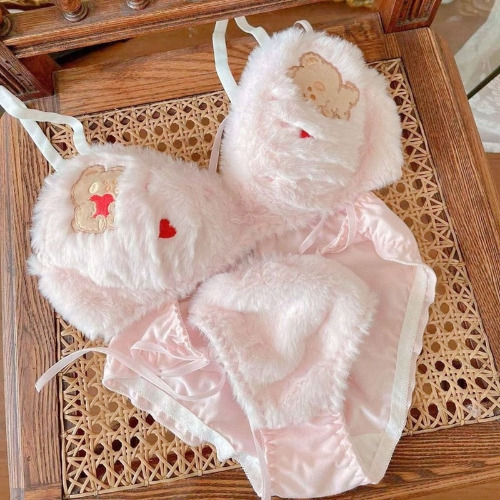 Valentine Fuzzy Bear Lingerie Set - Pink / XL