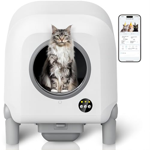 Self Cleaning Cat Litter Box, 120L X-Large Automatic Cat Litter Box, with Air Vent System, 10 Safety Sensors Anti Pinch Design, Suitable for Multi-Cats, with Long Exhaust Duct and App Control - Grey