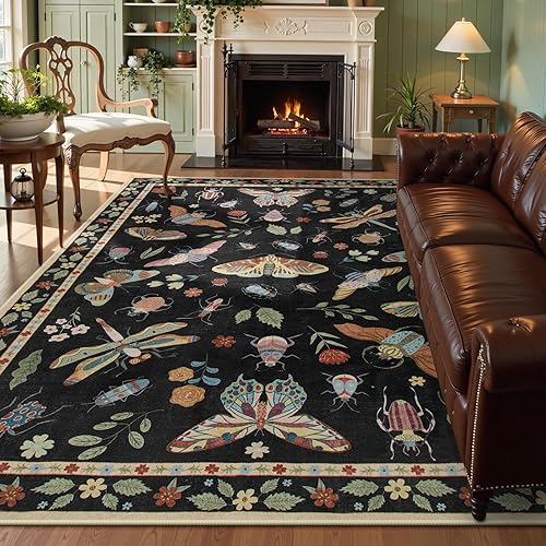 Lahome Insect 9x12 Area Rugs for Living Room Bedroom, Soft Washable Rugs 9x12 Stain Resistant, Ultra-Thin Non-Slip Non-Shedding Accent Carpet for Dining Room Office, Black - Black - 9' x 12'