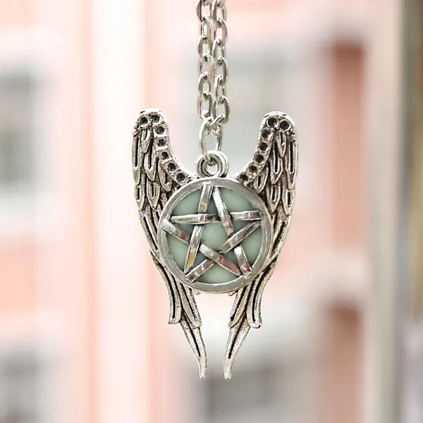 Pentagram Glow In The Dark Pentacle Angel Wings Pendant Necklace