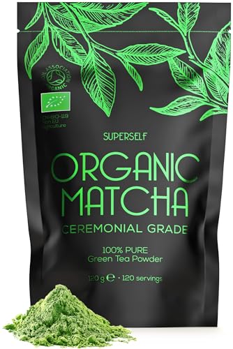Organic Matcha Green Tea Powder - Ceremonial Grade - 120g (120 servings) - Premium Matcha Tea Powder - Certified Organic by The Soil Association - 100% Pure Stone Ground Tea Leaves - Vegan - 120 g (Pack of 1)