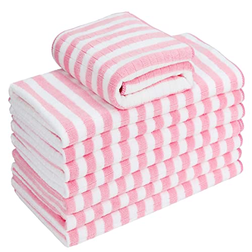 gryeer 8 Pack Microfibre Tea Towels, Super Absorbent, Soft and Thick Kitchen Towels(400gsm, 117g/piece), Check designed with Hanging Loops, 65 x 45 cm, Pink - Pink