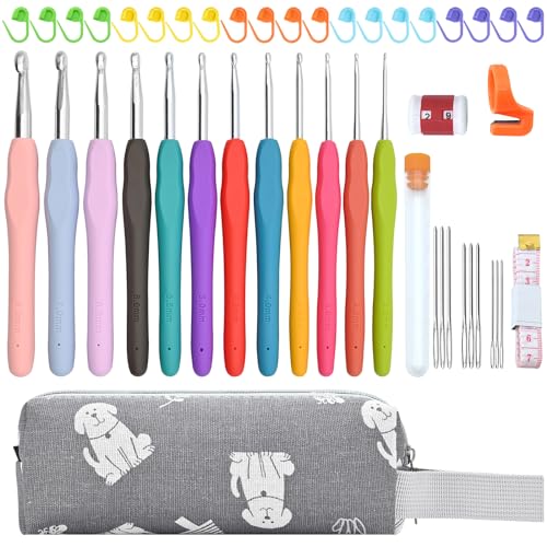 Sarsumir Crochet Hooks Set, 45 Pcs Crochet Kits for Beginners Adults, 12 Sizes Colourful Crochet Needles and Accessories, Ergonomic Crochet Hooks with Portable Storage Bag, Grey - Grey
