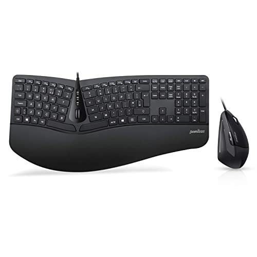 Perixx Periduo-505, Wired Ergonomic Split Keyboard and Vertical Mouse Combo with Adjustable Palm Rest and Membrane Low Profile Keys, UK Layout - Black Wired