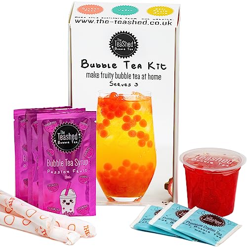 Fruit Bubble Tea Kit Gift Box | 3 Servings | Set includes Passion Fruit Syrup, Strawberry Popping Boba, Tea Bags and Paper Straws | By THE TEASHED