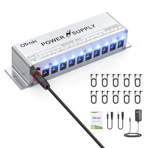 OTraki Pedal Power Supply 10 DC Isolated Output 9V 12V 18V 100mA 500mA Guitar Effect Pedal Board Power Supplies with Blue LED Indicator Smart Short Circuit and Over Current Protection,White - Blue,White